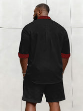 Big & Tall Men's Business Simple Black & Red Geometric Texture Contrast Long Sleeve Shirt Shorts Set